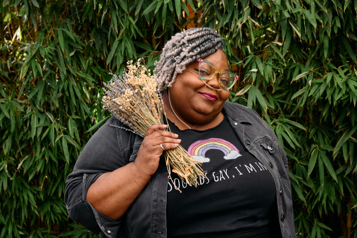 Renée posing with bouquet