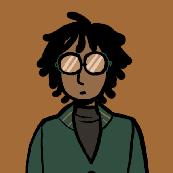 Illustrated avatar of a Black person with short hair, glasses, and a green sweater.